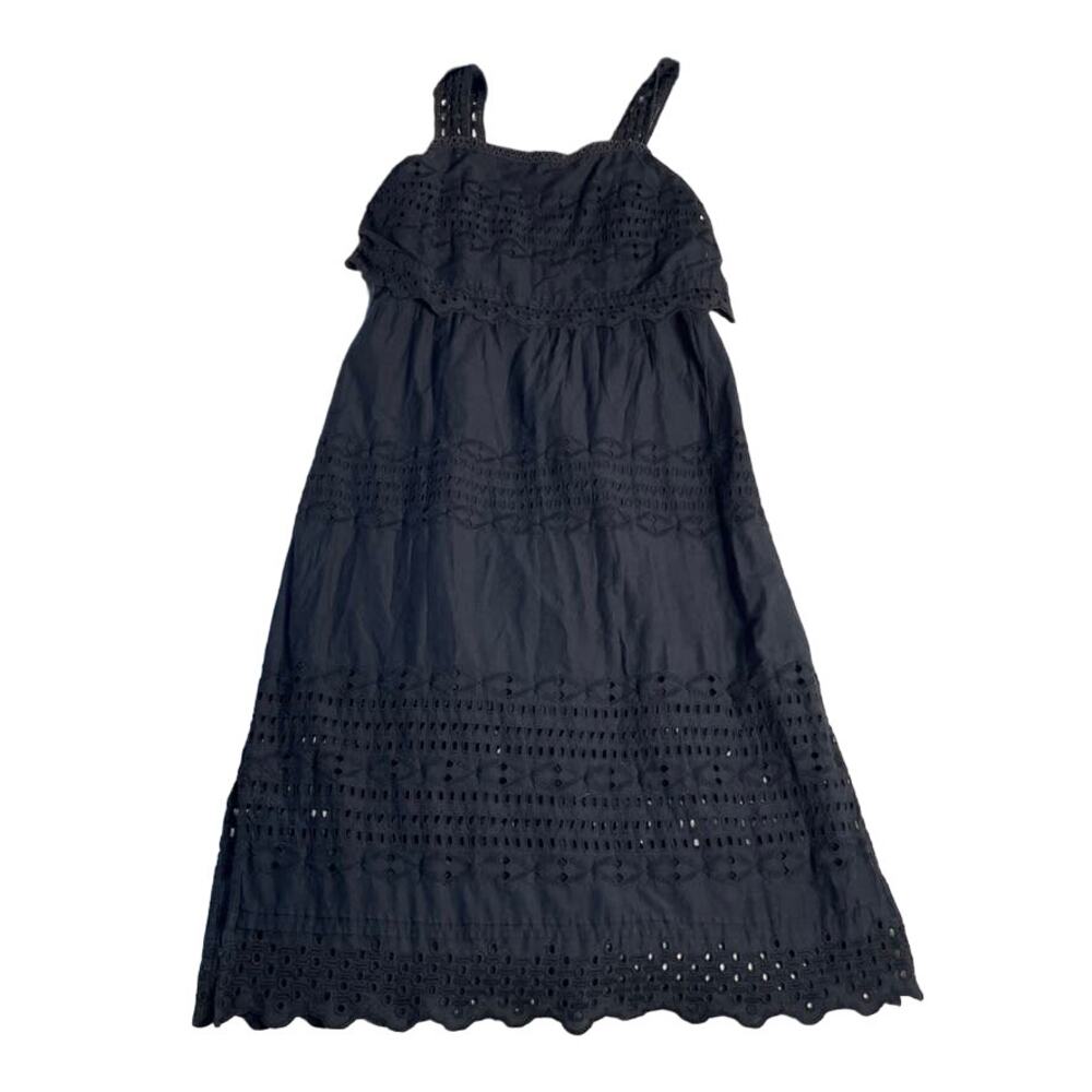 J.Crew Black Eyelet Midi Dress Womens 10‎ Sleeveless Tiered Cotton Scalloped Hem